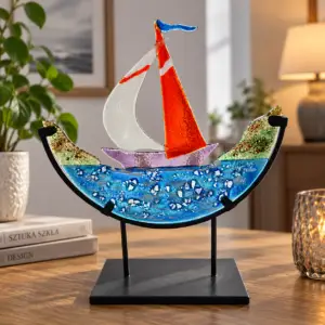 Żaglówki - statuetka fusing, ozdoba stojąca, śr. 30 cm.