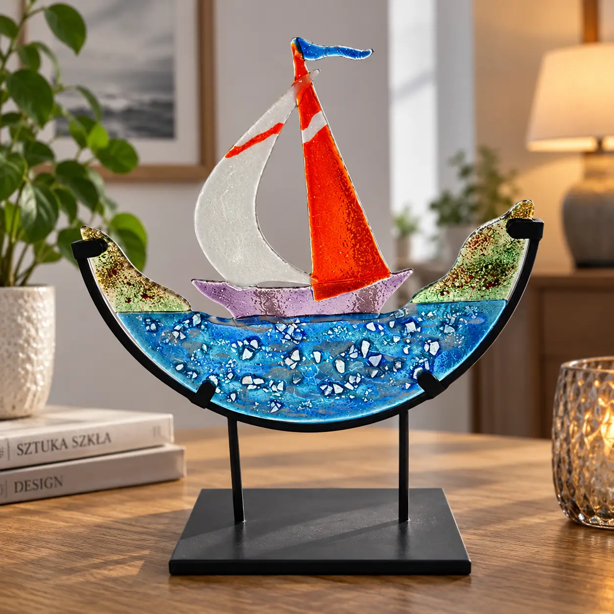 Żaglówki - statuetka fusing, ozdoba stojąca, śr. 30 cm.